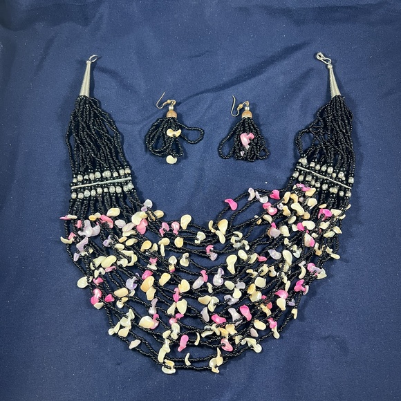 Necklace Tribal Black Multi-Color Multi-Strand Beaded Vintage Bohemian - Picture 8 of 11